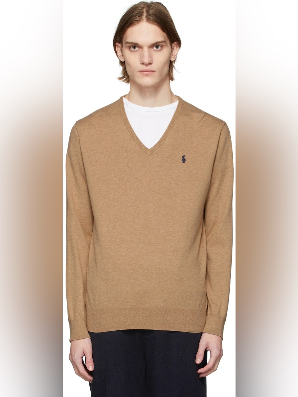 Polo by Ralph Lauren Men's V-Neck Sweater Tan with Navy Pony 100% Pima Cotton L